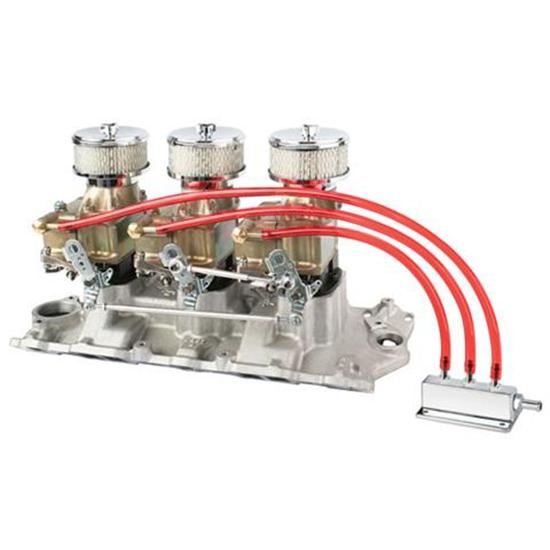 New SBC Chevy Triple Carb Linkage Kit, Edelbrock Manifold/Demon 98