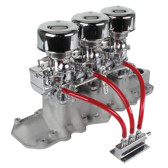 Three Chrome 9 Super 7 Carbs, Offenhauser 1072 Intake Kit, 1932-41 Ford V8 Three Chrome 9 Super 7 Carbs, Offenhauser 1072 Intake Kit, 1932-41 Ford V8