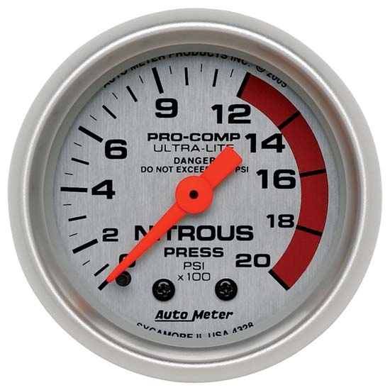 Auto Meter 4328 Ultra-Lite Mech Nitrous Pressure Gauge, 2000PSI,2-1/16 Auto Meter 4328 Ultra-Lite Mech Nitrous Pressure Gauge, 2000PSI,2-1/16