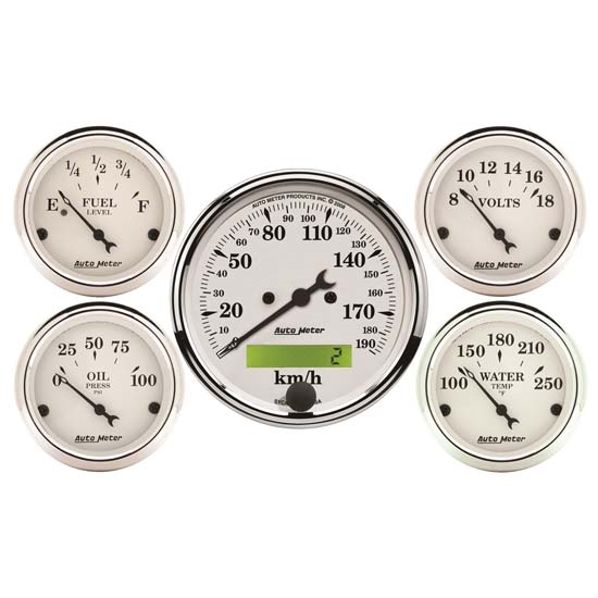 Auto Meter 1602-M Old-Tyme White 5 Piece Gauge Set, Electric Auto Meter 1602-M Old-Tyme White 5 Piece Gauge Set, Electric