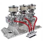 (3) 9 Super 7 Carbs on Small Block Chevy Edelbrock Vortec Intake, Chrome
