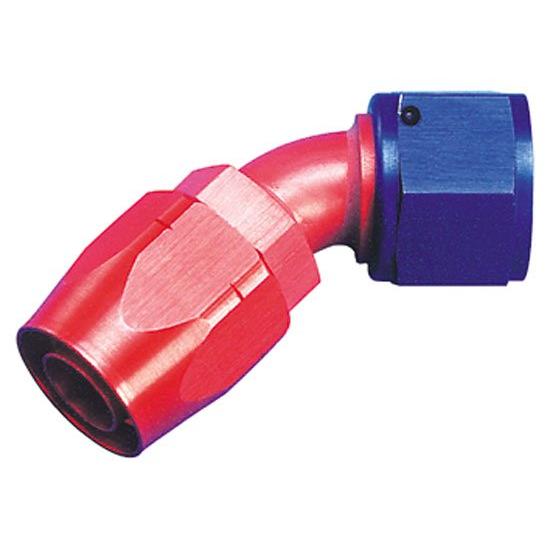 Full Flow Hose End Coupler Fitting, 45 Degree Angle, Red/Blue, -4 AN