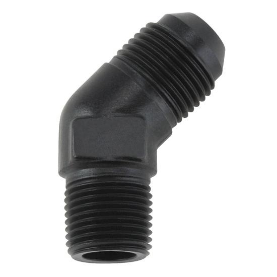 Black 45 Degree -8 AN Flare to 3/8 Inch NPT Pipe Adapter Fitting Black 45 Degree -8 AN Flare to 3/8 Inch NPT Pipe Adapter Fitting