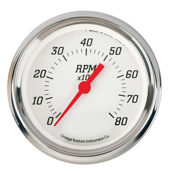 Omega Kustom 8000 RPM Tachometer Gauge, 3-3/8, Kool White Omega Kustom 8000 RPM Tachometer Gauge, 3-3/8, Kool White