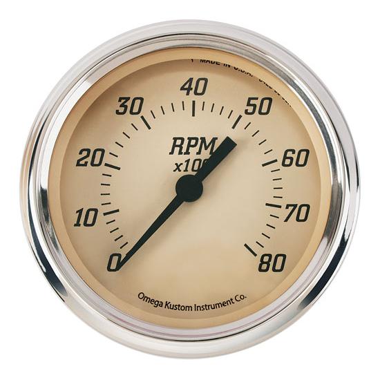 Omega Kustom 8000 RPM Tachometer Gauge, 3-3/8, Timeless Tan Omega Kustom 8000 RPM Tachometer Gauge, 3-3/8, Timeless Tan