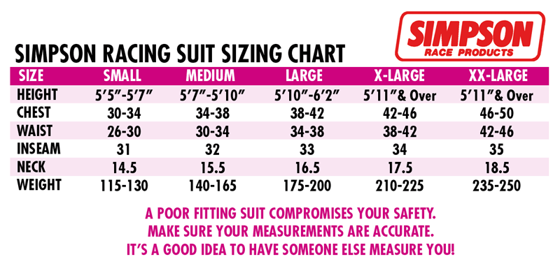 Simpson Racing Suit Size Chart