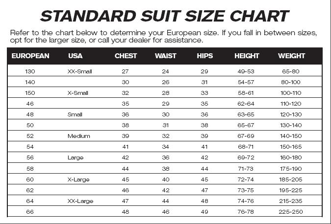 Standard Suit Size Chart